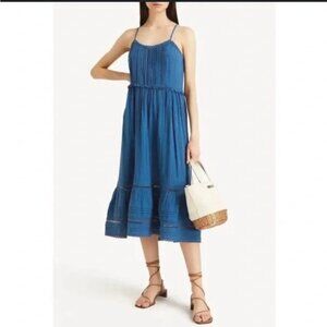 Veronica Beard Ayesha Eyelet Ruffle-Hem Midi Blue Sundress Size M